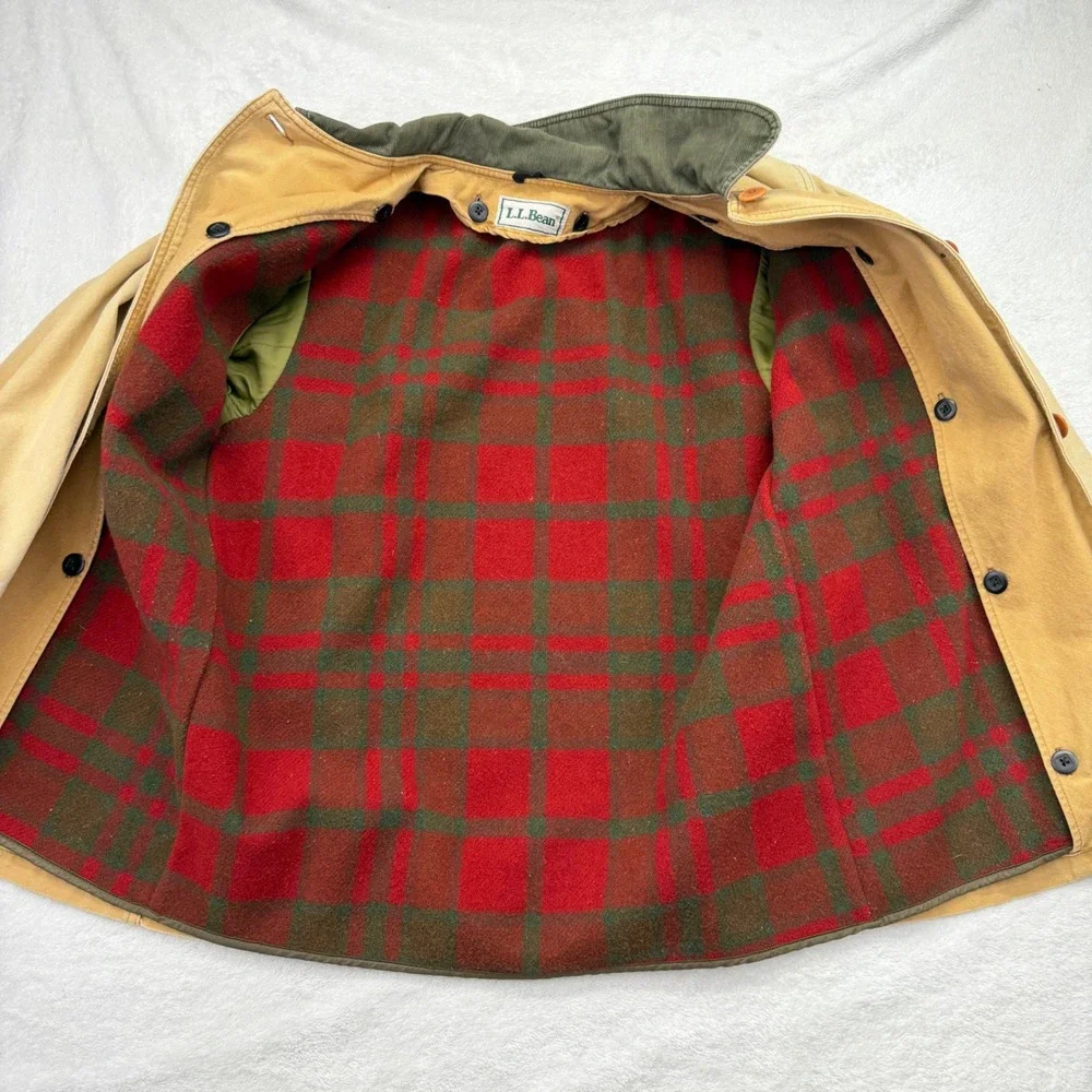 Vintage 80s L.L. Bean Field Coat M Tan Original Barn Jacket Plaid wool Lined - Picture 6 of 12
